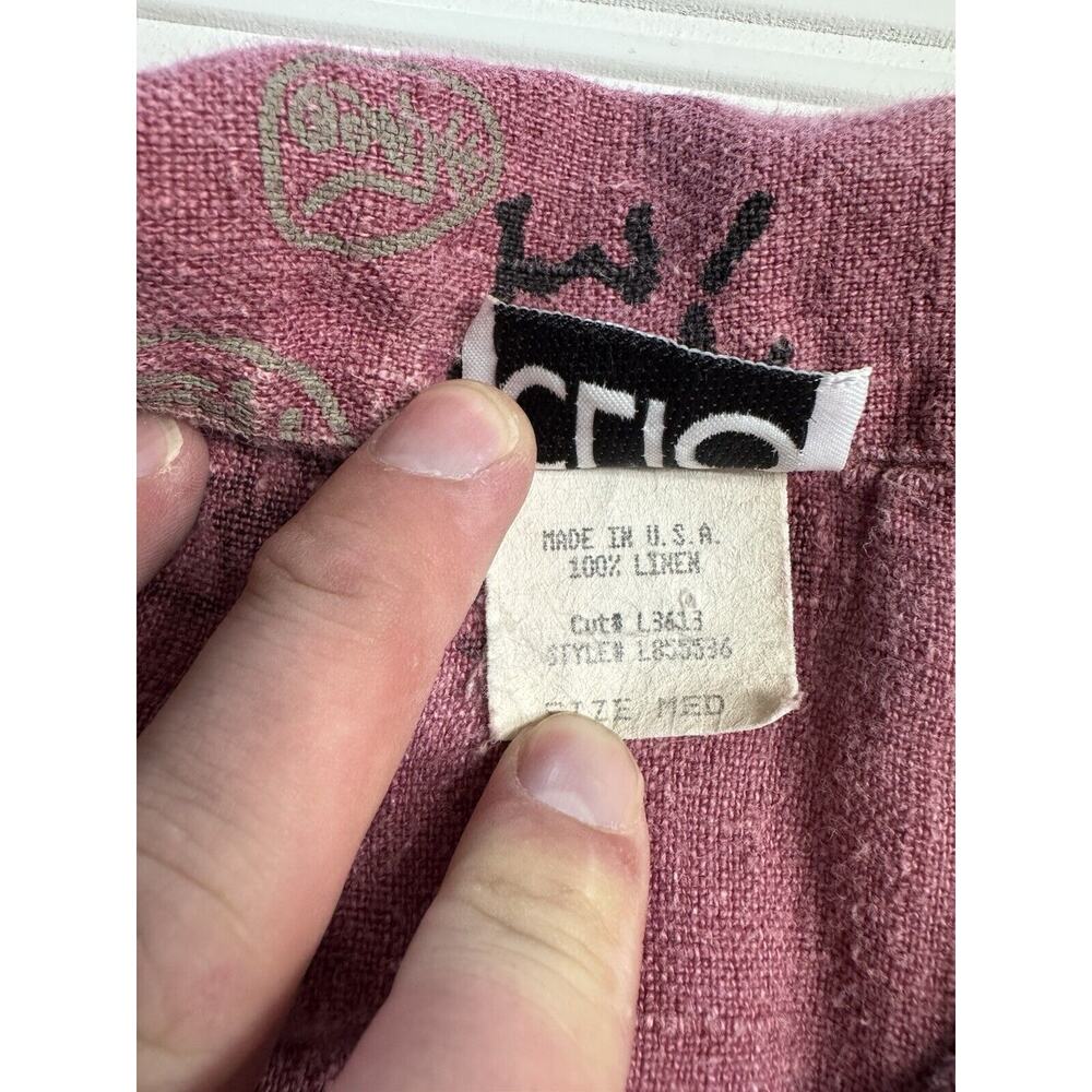 Vintage Y2K Clio Short Sleeve Wood Button Linen Top Maroon Asian Theme Medium - Picture 4 of 7